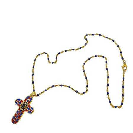 necklace steel gold chain blue beads with cross metal blue and red